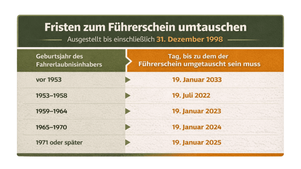Fristen zum Führerschein umtauschen Tabelle - bis 31. Dezember 1998