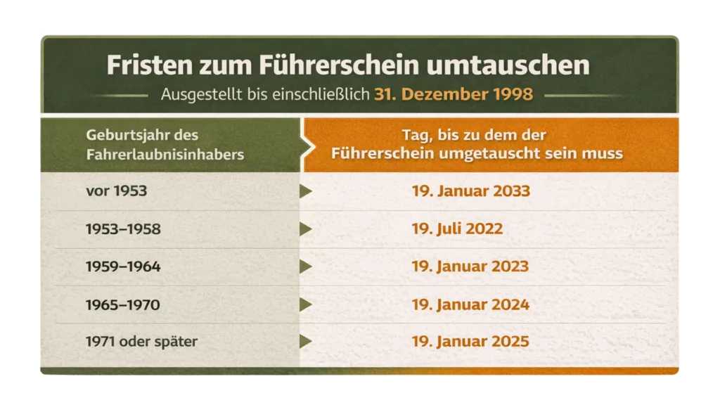 Fristen zum Führerschein umtauschen Tabelle - bis 31. Dezember 1998