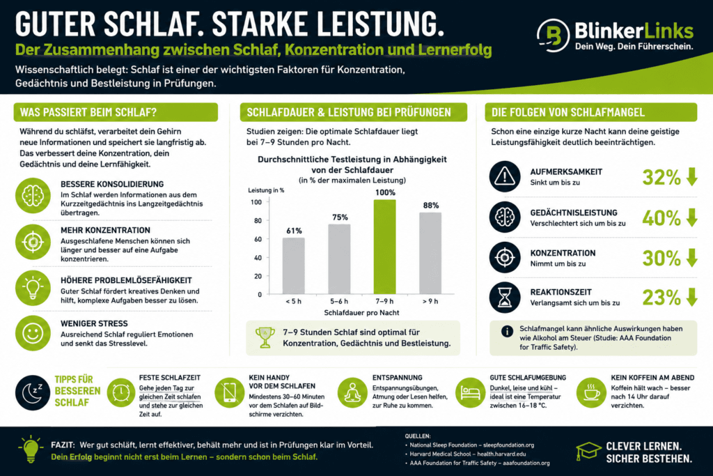 Blogbeitrag: Infografik zum Zusammenhang zwischen Schlafen, Konzentration und Lernerfolg. Zum Theorieprüfung bestehen.
