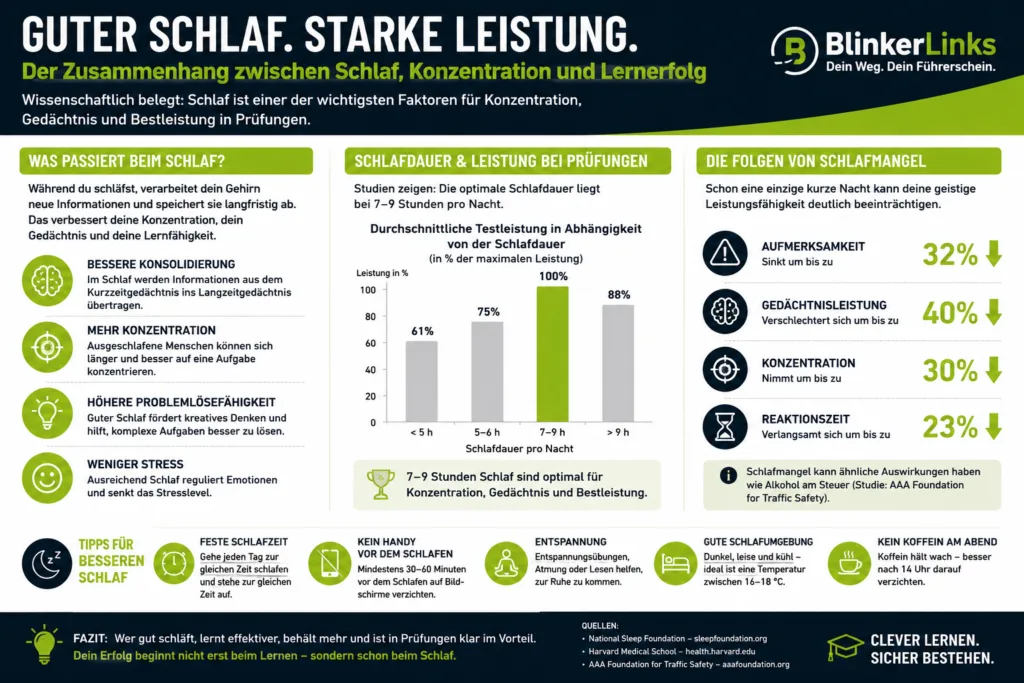 Blogbeitrag: Infografik zum Zusammenhang zwischen Schlafen, Konzentration und Lernerfolg. Zum Theorieprüfung bestehen.