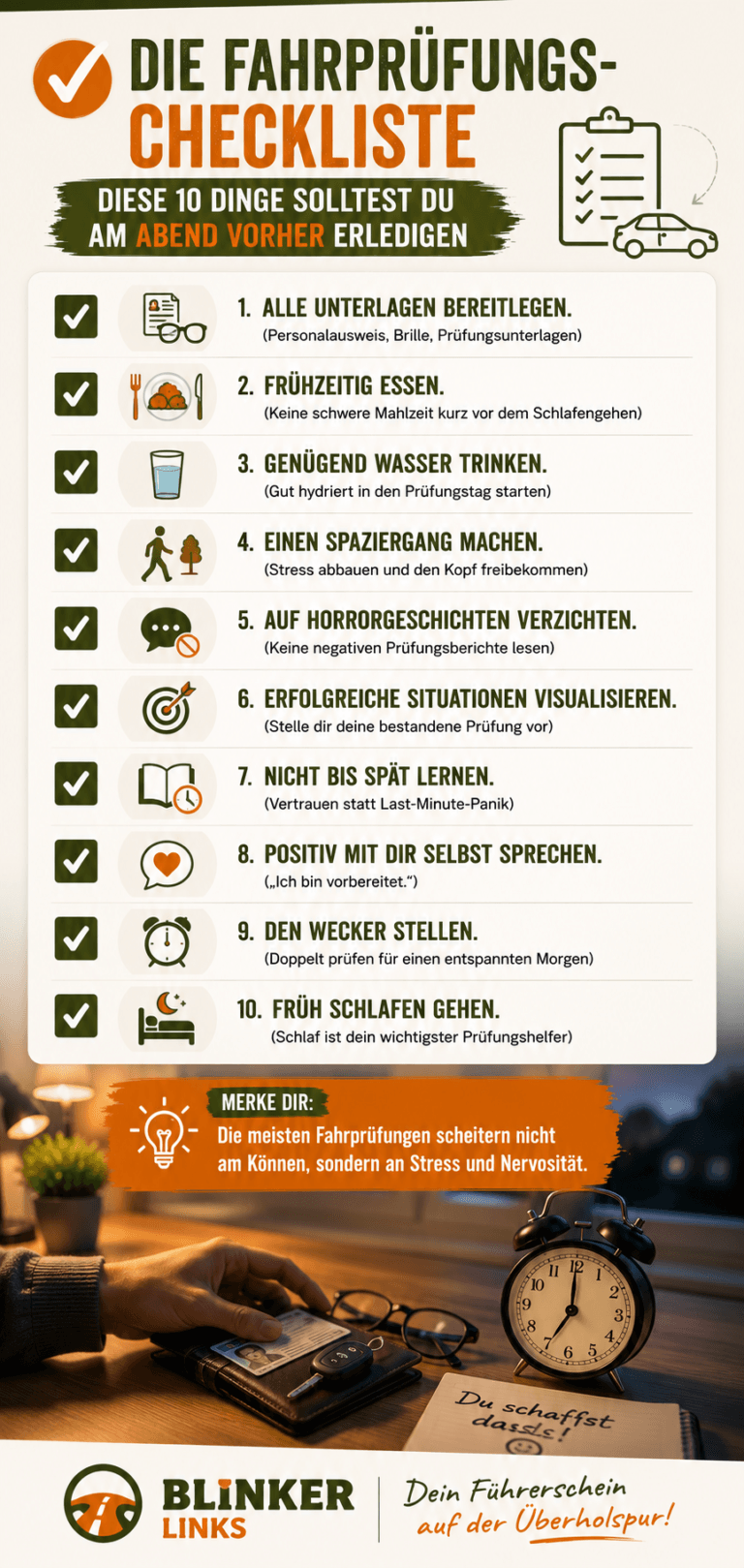 Blogbeitrag Infografik Checkliste Der Abend vor der Fahrprüfung