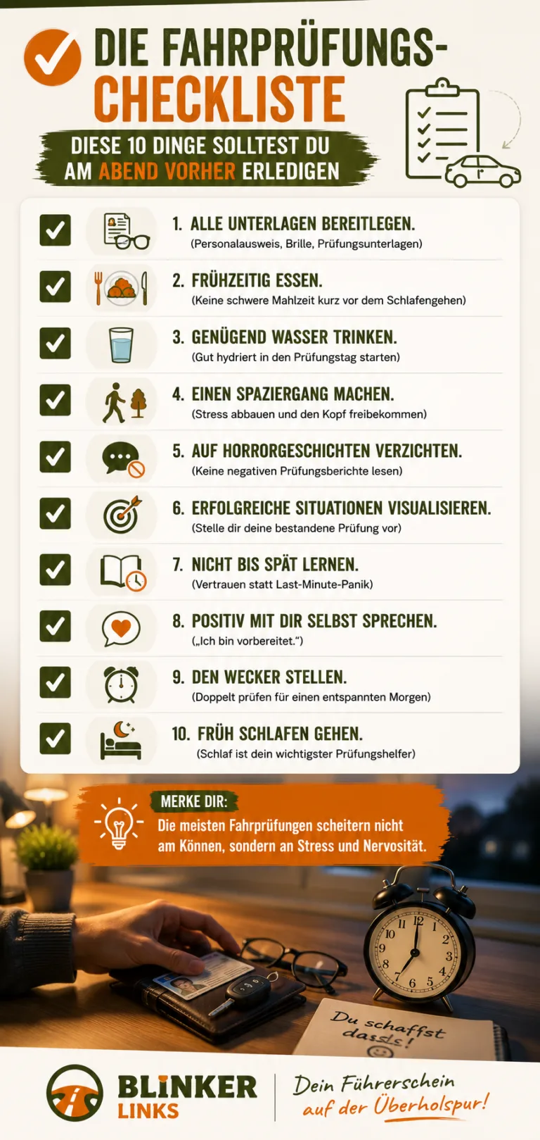 Blogbeitrag Infografik Checkliste Der Abend vor der Fahrprüfung